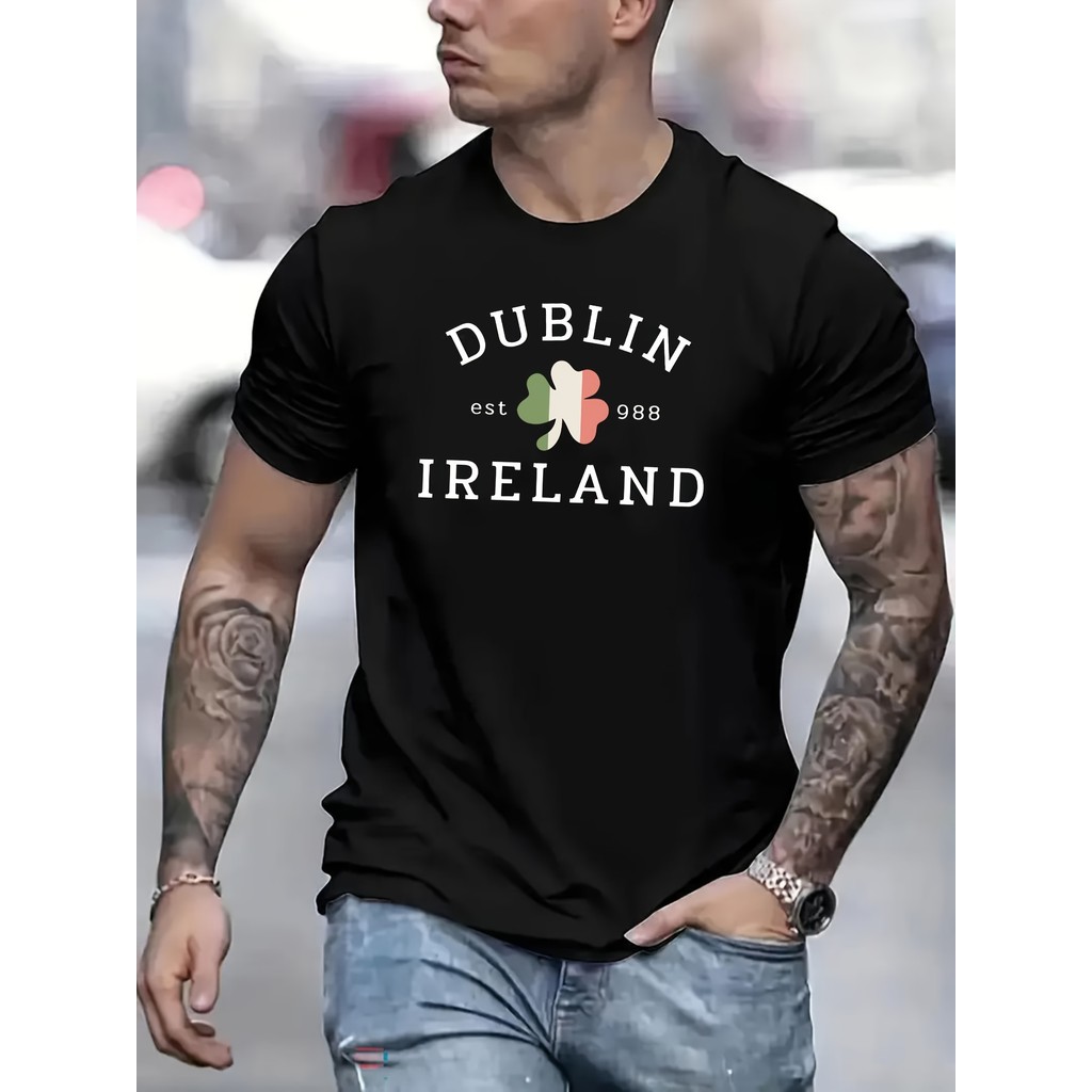 เสื้อยืดธีม DUBLIN Urban Style ผ้าฝ้ายแท้ระบายอากาศได้สบายตัวสีดําพิมพ์ < DUBLIN IRELAND} ตัวอักษรและโลโก้ Clover สไตล์ลักษณะที่แสดงอย่างเต็มที่