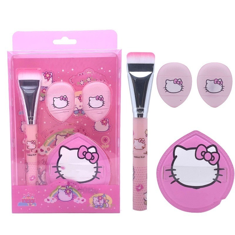 ชุดแปรงแต่งหน้าและฟองน้ํา Sanrio Hello Kitty & Kuromi - แปรงรองพื้นแบบแบน, ฟองน้ํานิ้วหัวแม่มือ, ใช้เปียก/แห้งแบบคู่, ผสมผสานแบบนุ่ม, ไม่มีขยะ