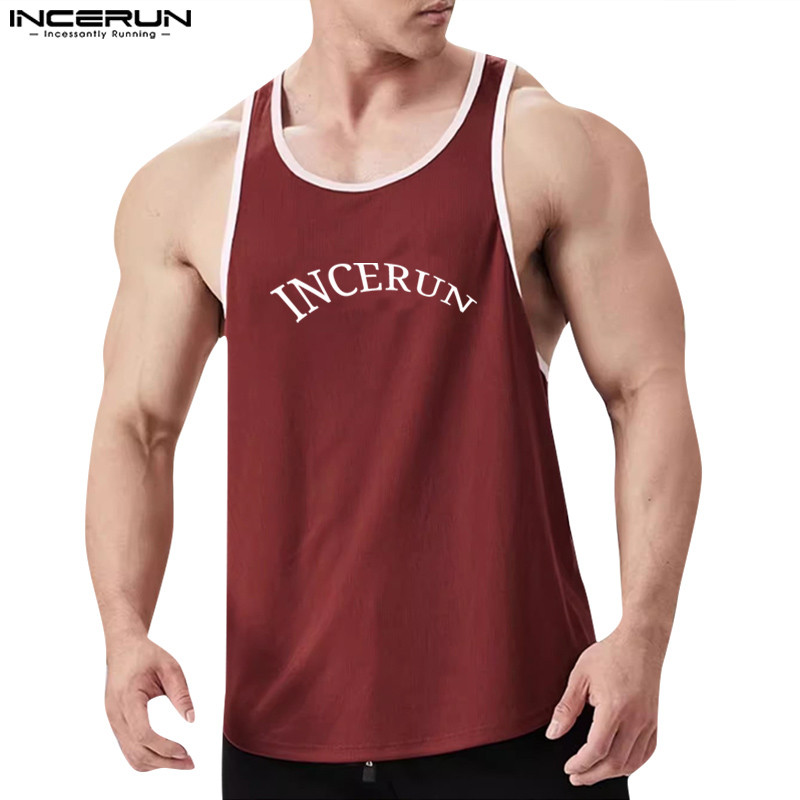 Incerun เสื้อกล้ามพิมพ์ลายภาษาอังกฤษสไตล์กีฬาผู้ชาย Contrast Edge