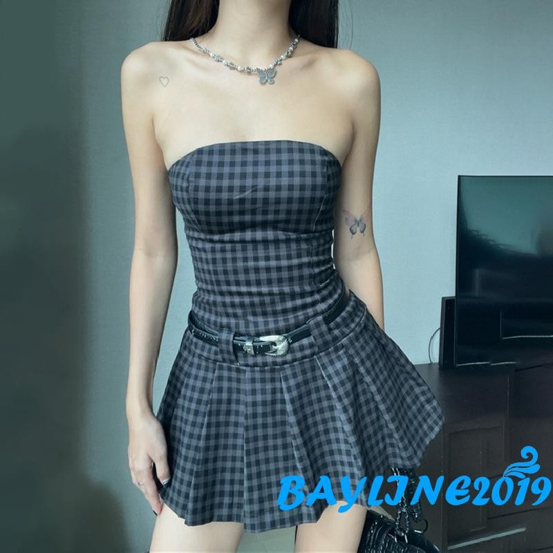 (จัดส่งในกรุงเทพฯ)-ชุดสตรีฤดูร้อนลายสก๊อตพิมพ์แขนกุดที่ไม่มีสายหนังA-Line Mini Dress Party Gownพร้อมเข็มขัด