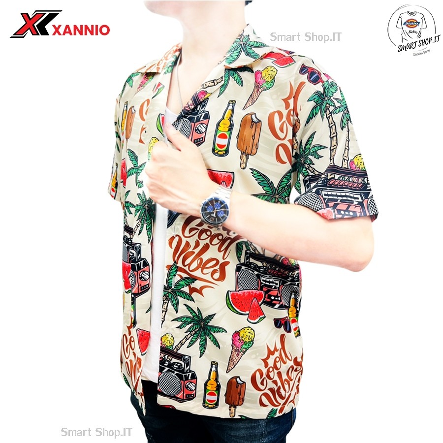 เสื้อฮาวาย ผ้าไหมอิตาลี ผ้านิ่มใส่สบายไม่ต้องรีด เสื้อเซิ๊ตฮาวายแขนสั้น (ลายต้นมะพร้าว) ใส่ได้ทั้งชายหญิง เสื้อใส่เที่ยว