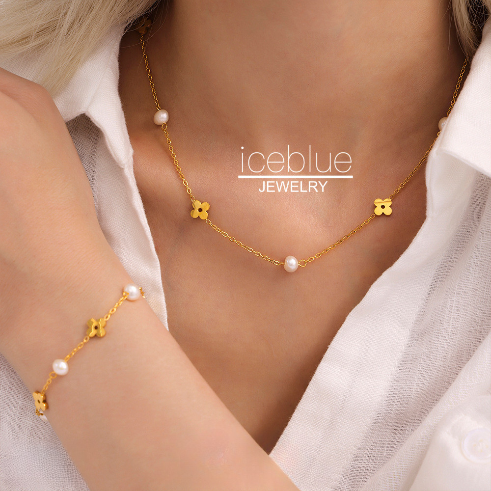iceblue-Real ไข่มุกน้ําจืด Clover ดอกไม้สร้อยคอสร้อยคอผู้หญิง 18K Gold Plated กันน้ํา Non Tarnish สแ