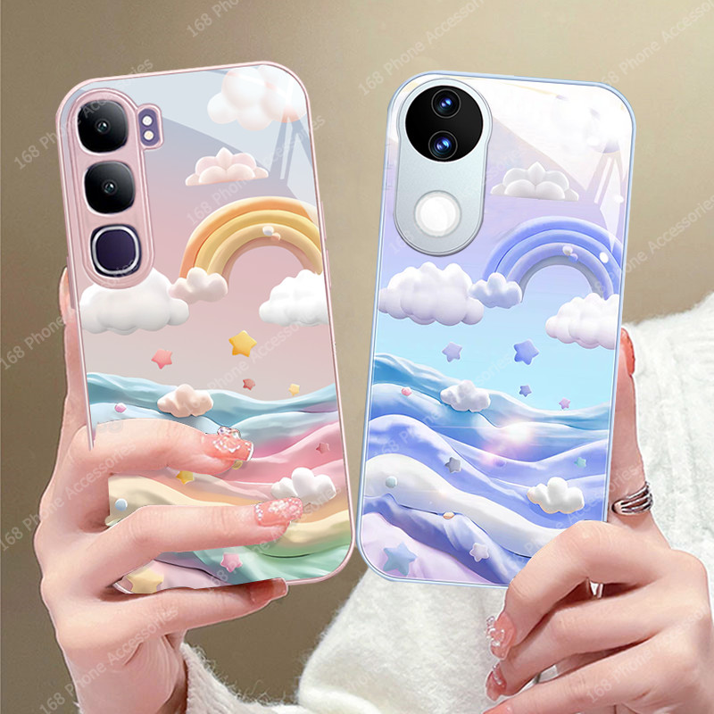 เคส Vivo V50 เคส Vivo Y200 5G น่ารักสายรุ้งน้ําตาลลูกอมกันกระแทกหรูหราของเหลวแก้วซิลิโคนนุ่มขอบโทรศั