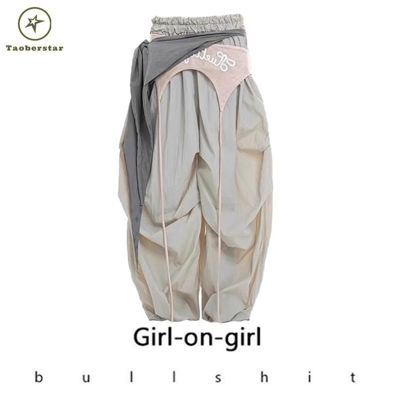 Taoberstar Mens Street Style High เอว Loose Pockets Detail กางเกงขาตรง