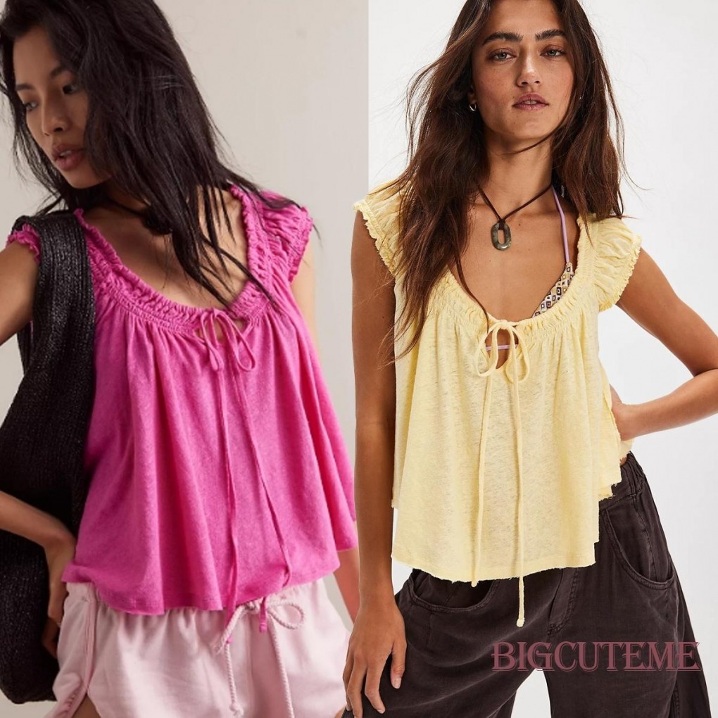 []-ผู้หญิง เชือกรูด คอสีทึบแขนสั้นเสื้อยืดลําลอง