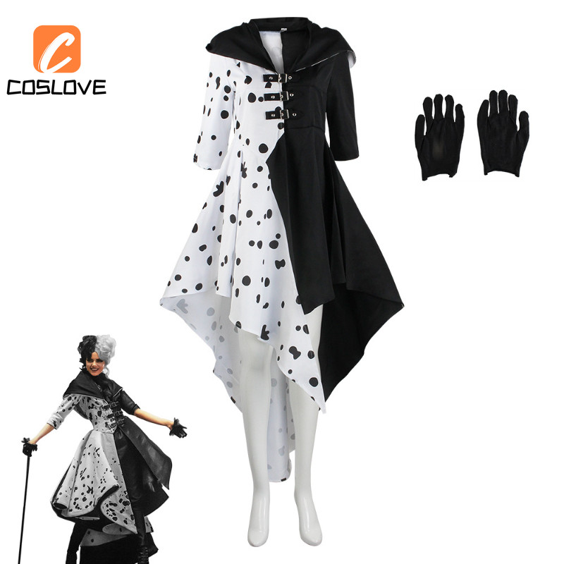 Cruella De Vil คอสเพลย์เสื้อผ้าชุดเครื่องแต่งกายสําหรับผู้หญิงยาว Black & White Dot กระโปรง Stage Performance คอสเพลย์