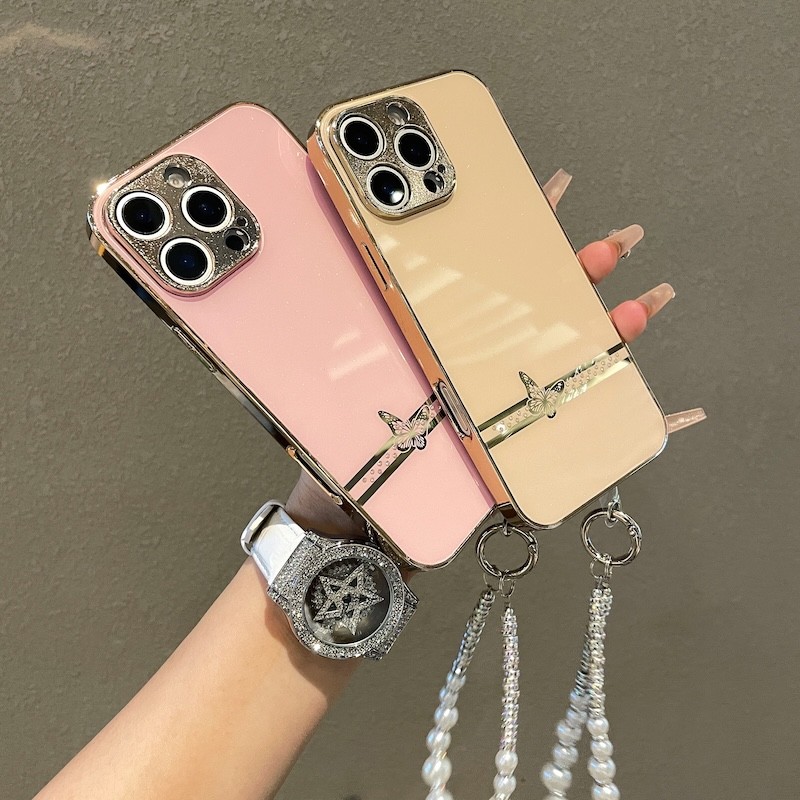 พร้อมสร้อยข้อมือมุกเคสโทรศัพท์สําหรับOPPO A6s A3 A3X 2024 A5X A6X A6 A5 PRO Reno 15 15F 14 12 13 Pro Max 12F 13F 14F 5G Lanyardสายคล้องมือชุบผู้หญิงสาวปก