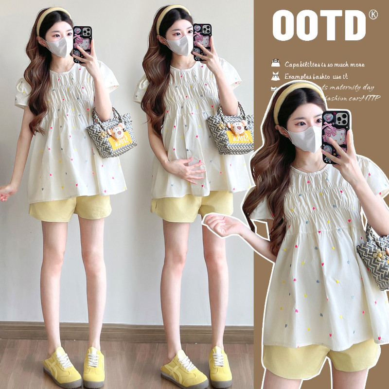 ชุดคลุมท้อง ฤดูร้อนที่มีสีสันปักเสื้อแขนสั้นทารกด้านบน