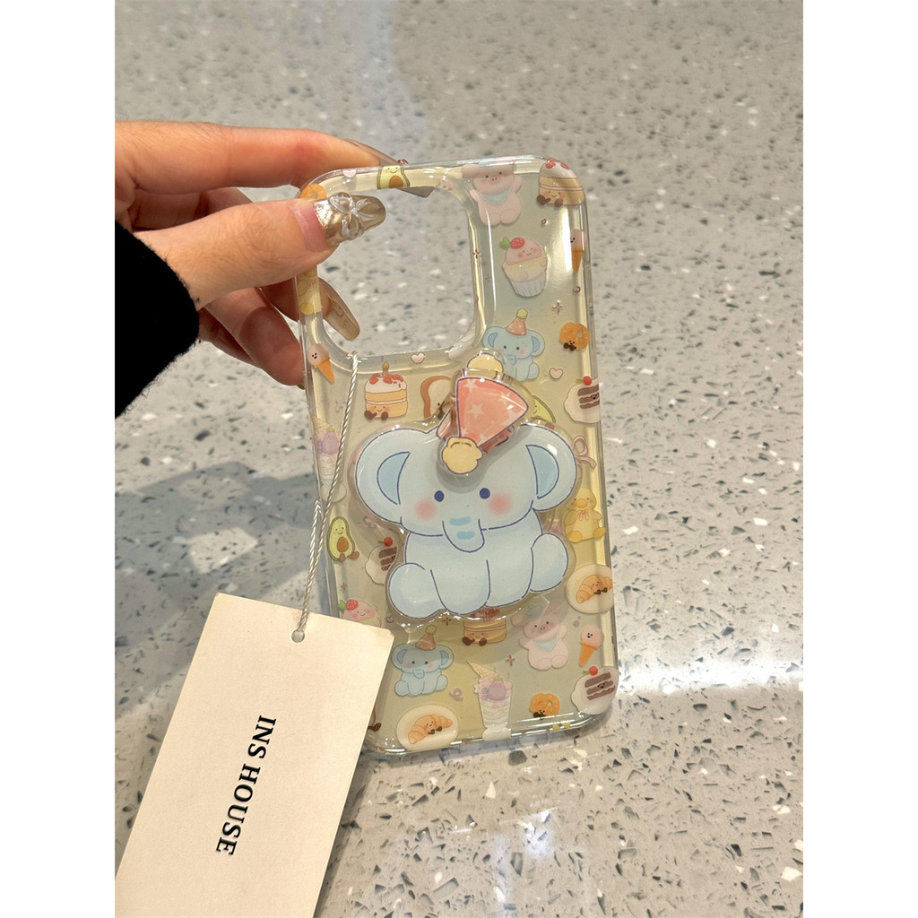 Ins สไตล์เกาหลีขนมสัตว์ Graffiti หมุนช้างขาตั้งเหมาะสําหรับ iPhone16 เคสโทรศัพท์ 15 Apple 14/13 E50P