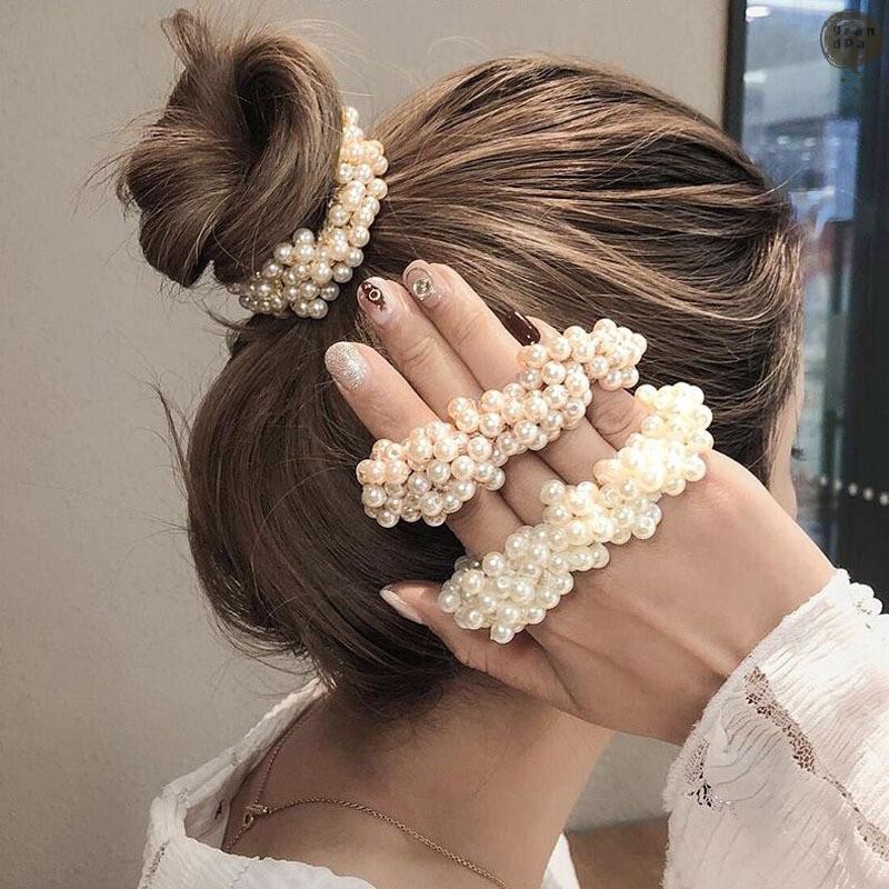 [GR] Girls Scrunchies Big Elegant White Pearl Hair Ties ลูกปัดยางรัดผู้ถือผมหางม้าอุปกรณ์เสริมผมยืดหยุ่นผม TH