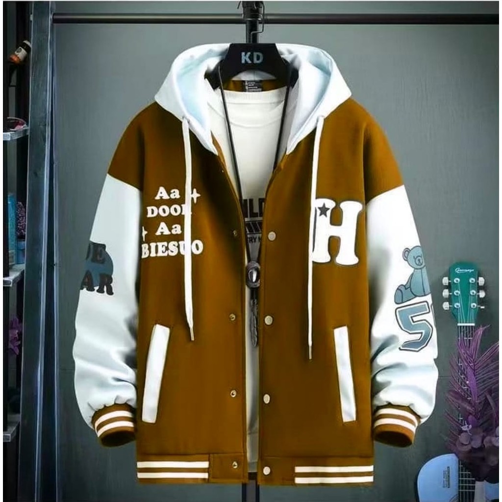 Ra - H 54 Bear เสื้อแจ็คเก็ตเบสบอลมีฮู้ดขนแกะหนาสําหรับผู้ชายทุกขนาดพอดีกับ XL สไตล์เกาหลี