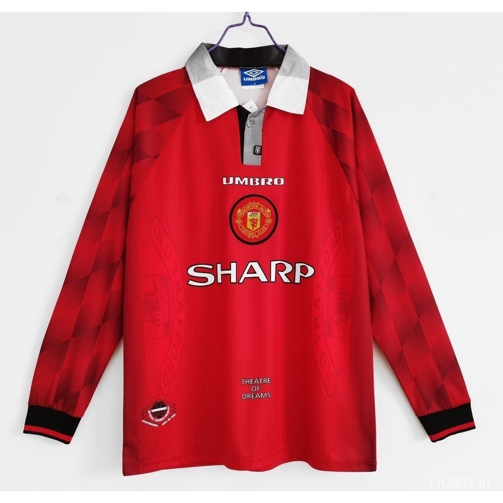 96-97 Manchester United House เสื้อฟุตบอลแขนยาวย้อนยุค Mu เสื้อกีฬาสั้นวินเทจผู้ชาย S-XXL