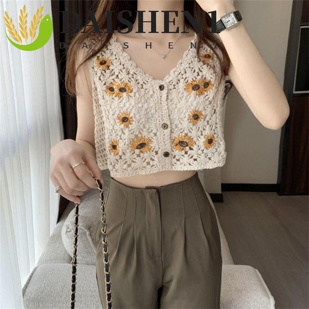 Daishen1 เสื้อคาร์ดิแกน แขนกุด ผ้าฝ้าย ลายดอกไม้ สวมใส่สบาย สําหรับผู้หญิง
