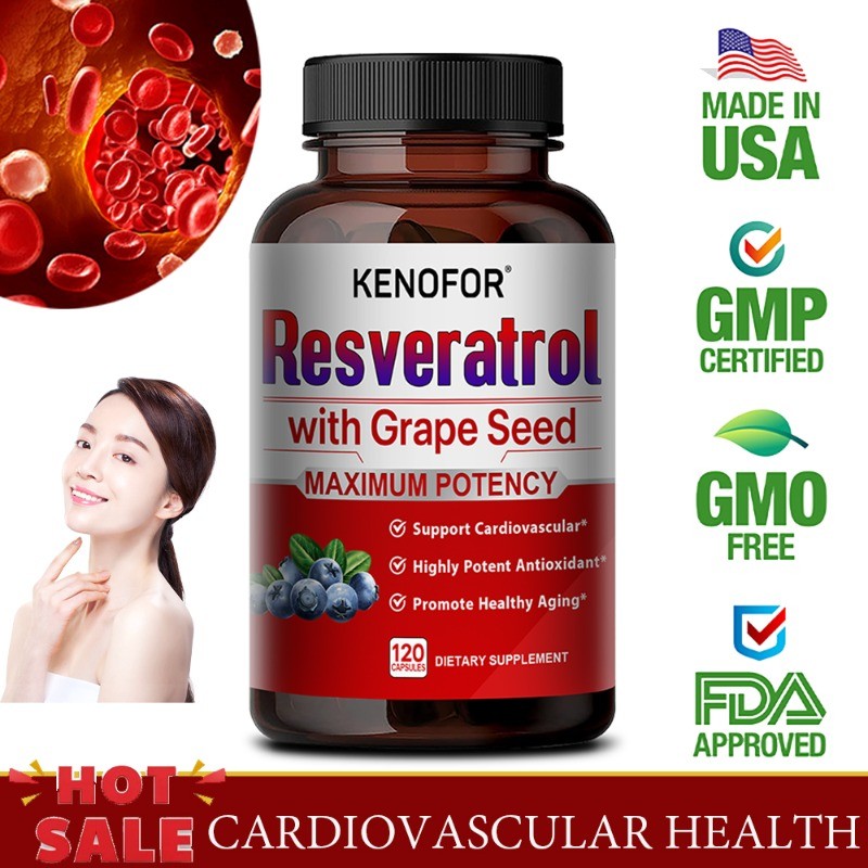 อาหารเสริม Resveratrol 1500 มก. ต่อต้านริ้วรอยและสุขภาพหัวใจ 120 แคปซูล