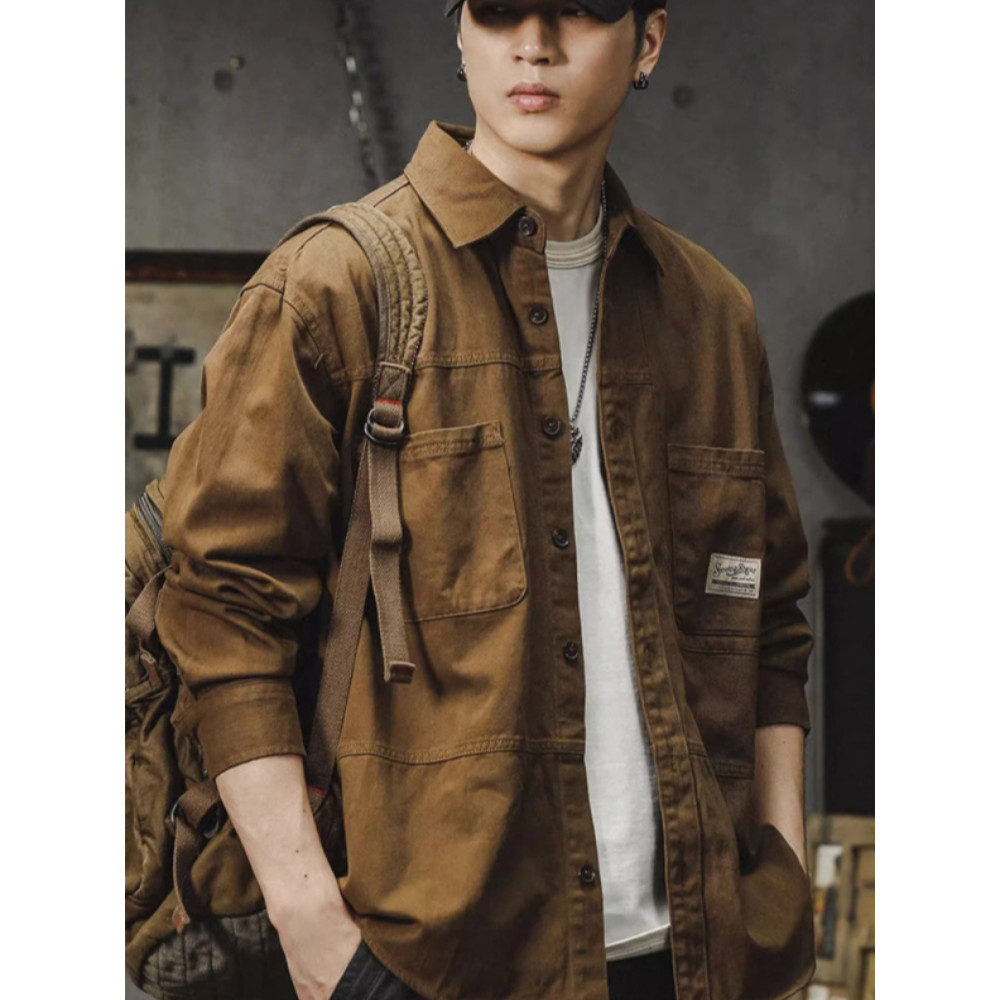 เสื้อเชิ้ตแขนยาวฤดูใบไม้ผลิของผู้ชาย ชุดทํางาน แจ็คเก็ตเสื้อลําลอง ชุดทํางาน เสื้อฤดูใบไม้ผลิเสื้อลําลอง
