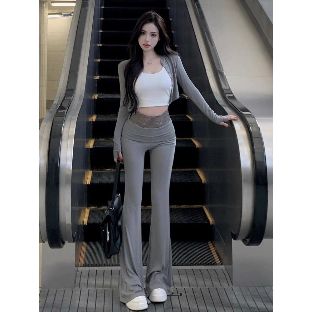 สาวฮอตสูทสีเทาแขนยาวคาร์ดิแกนเสื้อชั้นในสวมเสื้อสามชิ้น