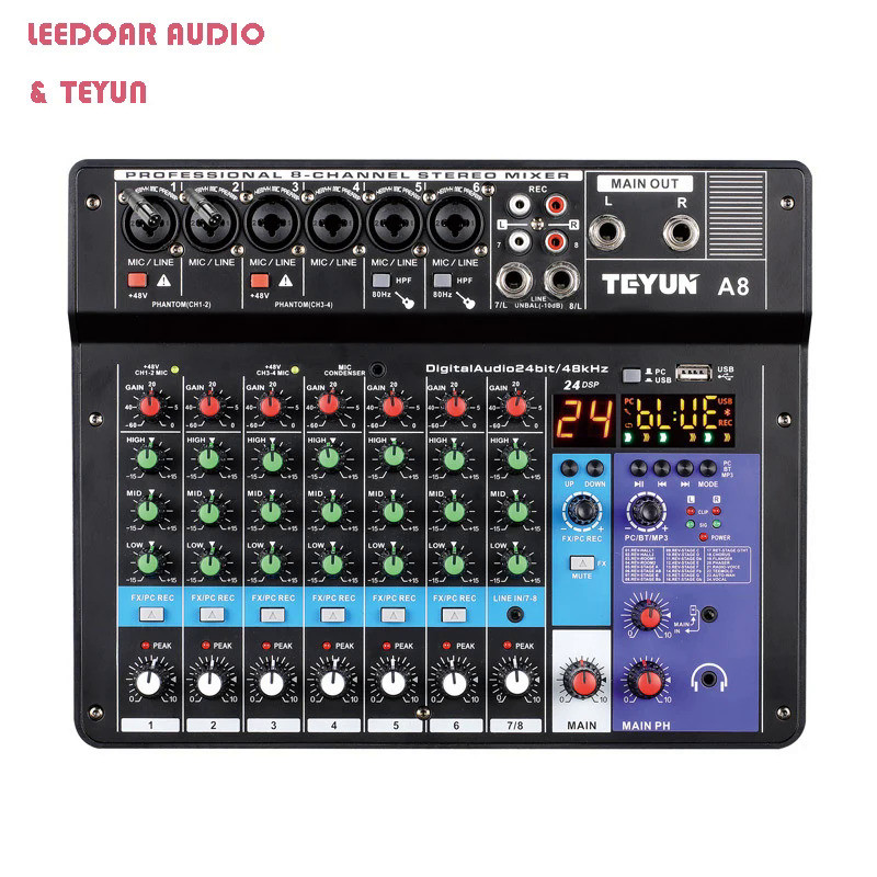 TEYUN 8 6 4 Channel DJ Sound Mixing Table 24 DSP Effect Audio Mixer Bluetooth PC USB Play Recording 