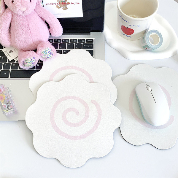 Steve Aesthetic Leather + Rubber White Flower Shape Fish Cake Mouse Pad Student Desktop Decoration Mat
