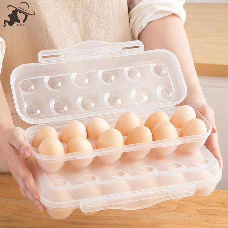 Lishu 1 PC 12/18 ตารางกล่องเก็บไข่พร้อมฝาปิดห้องครัวตู้เย็นกล่องไข่ Egg Drop Rack ในครัวเรือนตู้เย็นไข่ถาด th