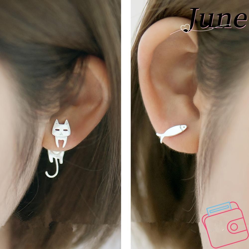 จูเน่ 1คู่สัตว์ต่างหู,แมวและปลาน่ารักต่างหูสตั๊ด,สาวอุปกรณ์เสริมเงินไม่สมมาตรออกแบบหูตะขอผู้หญิง