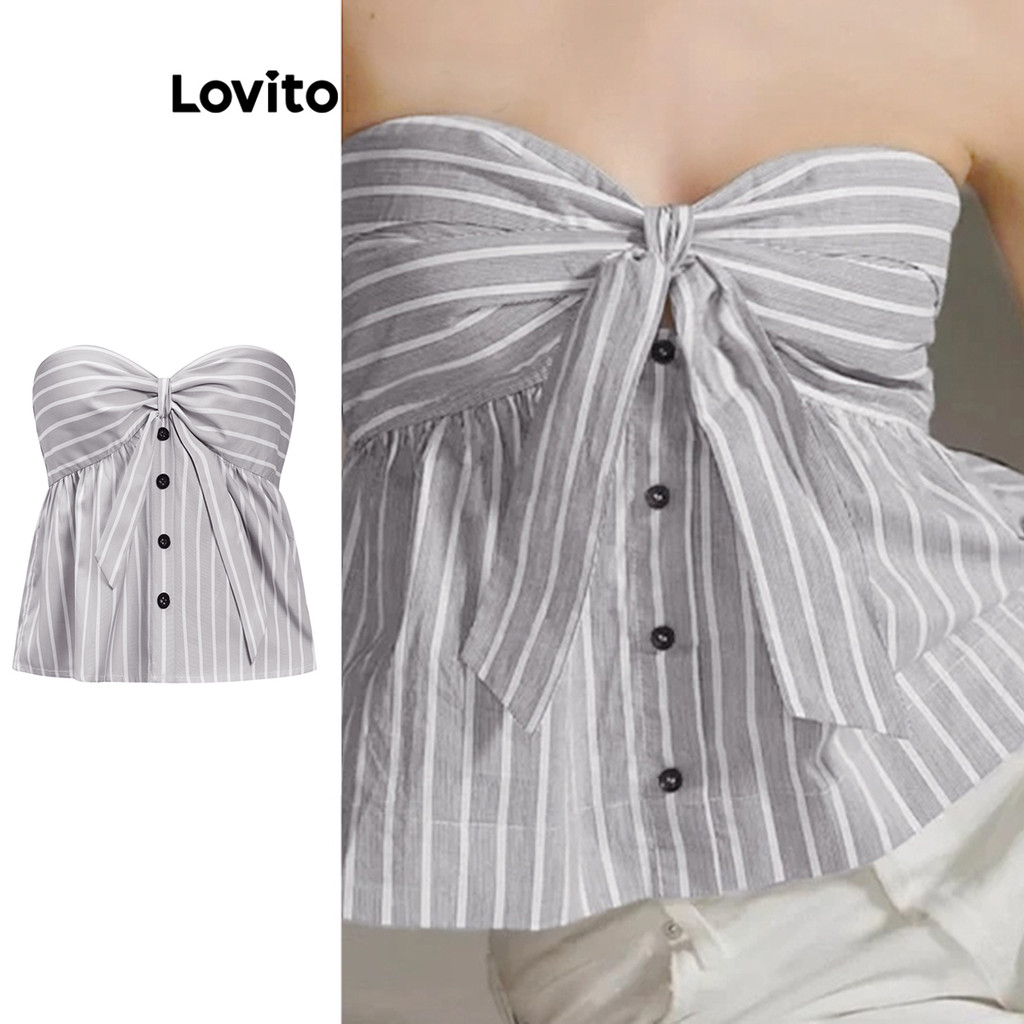 Lovito เสื้อกล้ามด้านหน้าลายทางสบาย ๆ โบว์สำหรับผู้หญิง L95ED082