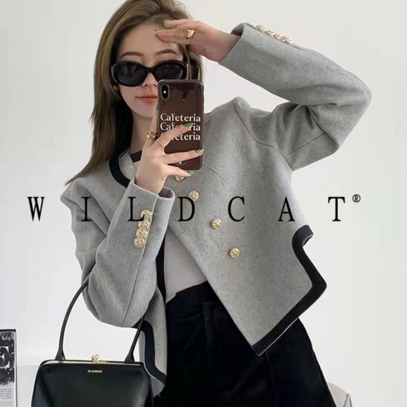 สีเทาไม่สม่ําเสมอเสื้อแจ็คเก็ตผู้หญิงฤดูใบไม้ผลิสไตล์ใหม่ภาษาฝรั่งเศสคํา High-End สั้นเสื้อขนสัตว์ Top