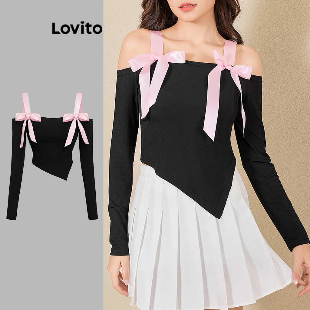 Lovito เสื้อยืดผูกหน้าสีพื้นแบบลำลองสำหรับผู้หญิง L109MD222