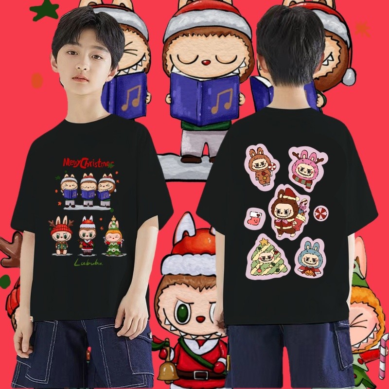 เสื้อยืดเด็ก Labubu & Merry Christmas Children's Tshirt ผ้าฝ้ายเนื้อนุ่ม มี 8 สี เสื้อผ้าเด็กคริสต์มาส 100-150 ซม #AT04