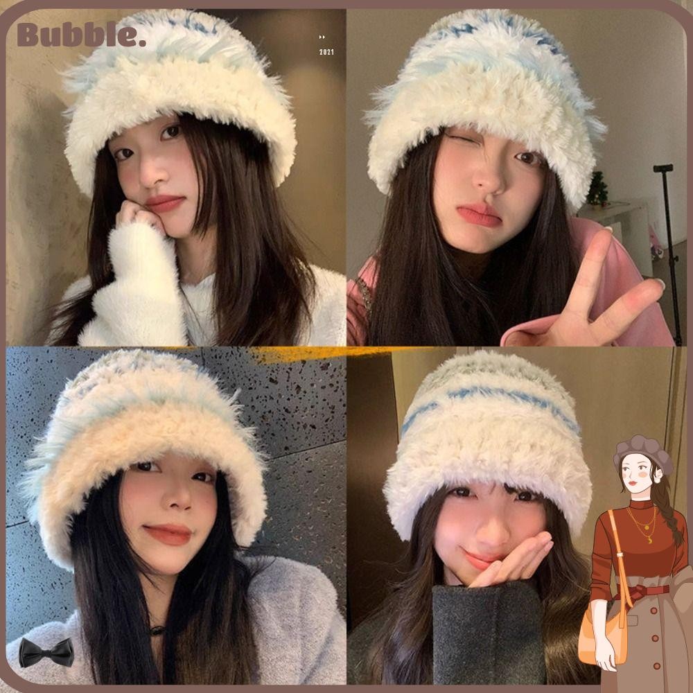ฟอง หมวกบักเก็ตขนเทียม,หมวกอ่างล้างหน้าถักตุ๊กตา,ป้องกันหูน่ารักหนาสไตล์เกาหลีหมวกขนสัตว์ฤดูหนาว