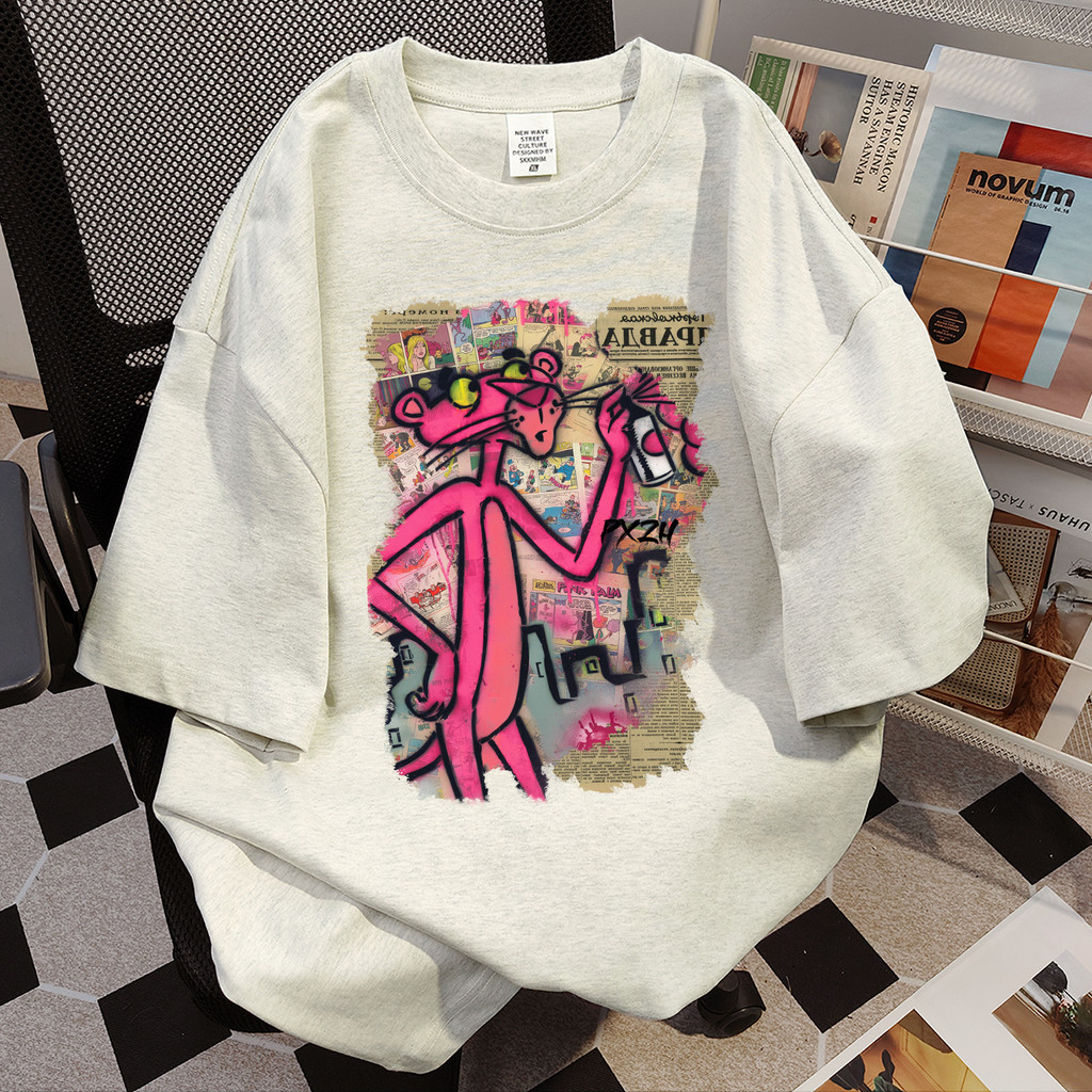 เสื้อยืดแขนสั้นพิมพ์ลายการ์ตูนคอตตอนแท้สำหรับผู้ชายและผู้หญิงแบบ100% เสื้อคู่ทรงหลวมเข้าชุดง่ายสำหรับฤดูร้อน INS