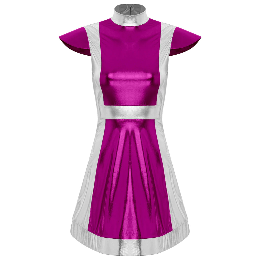 Choomomo Womens Space Fighter Alien Dress-up เครื่องแต่งกาย Mock คอหมวกแขน Metallic Shiny Contrast ชุดสําหรับฮาโลวีนคอสเพลย์ thumbnail 6