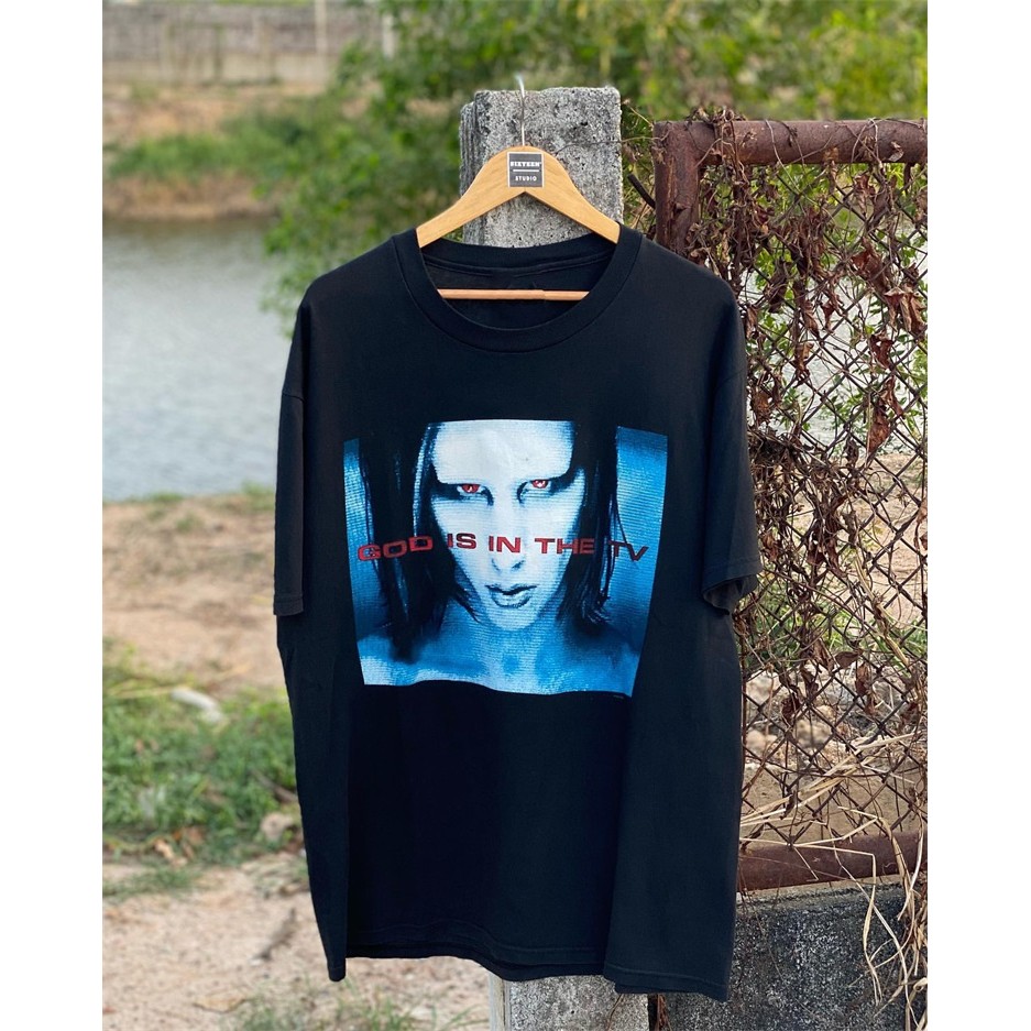 ผ้าฝ้าย 100% Marilyn Manson Vintage Vintage อินเทรนด์แขนสั้น High Street Retro อเมริกันหลวมผู้ชายผู้