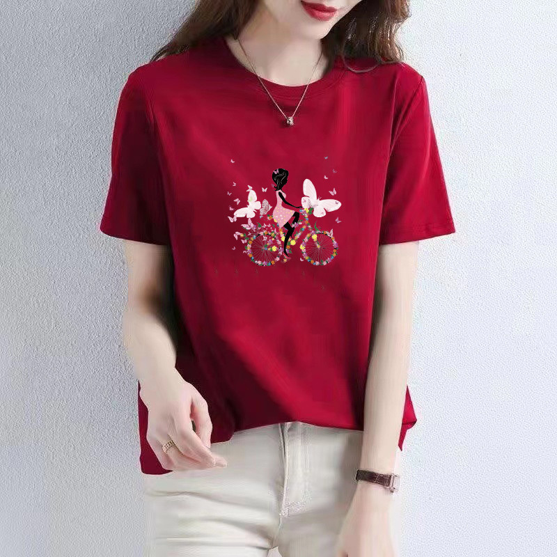 เสื้อยืดแขนสั้นผู้หญิง ทรงหลวม คอปกกลม สไตล์เกาหลี ฤดูร้อน สีแดง ขนาดใหญ่