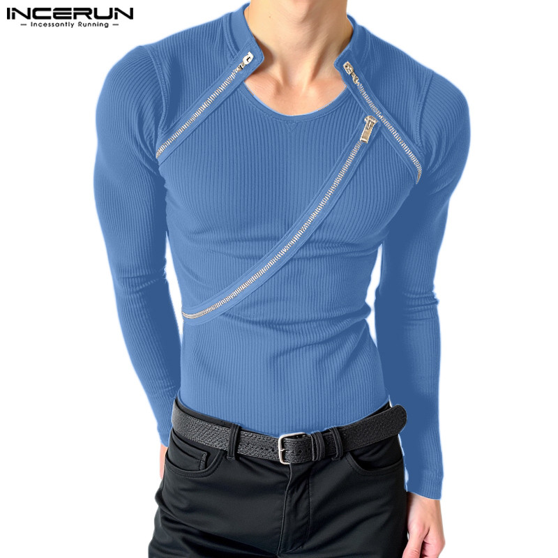 Incerun เสื้อยืดแขนยาวดีไซน์ซิปแยกส่วนแฟชั่นเกาหลีสําหรับผู้ชาย
