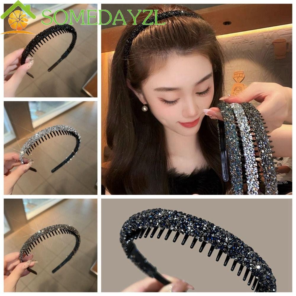 Somedayzl ที่คาดผม Rhinestone พร้อมที่คาดผมพลาสติกฟัน Retro Face Wash สไตล์เกาหลี Make Up Diamond Hair Hoop หญิง