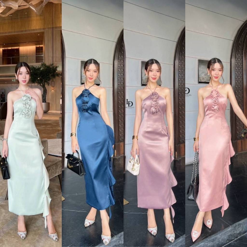 (พร้อมส่ง) Linda96 99 เดรสผ้าชาตินอัดกาวสีเขียวมิ้น สีเขียวโอรีฟ ผ่าข้างแต่งระบายยาว Q.