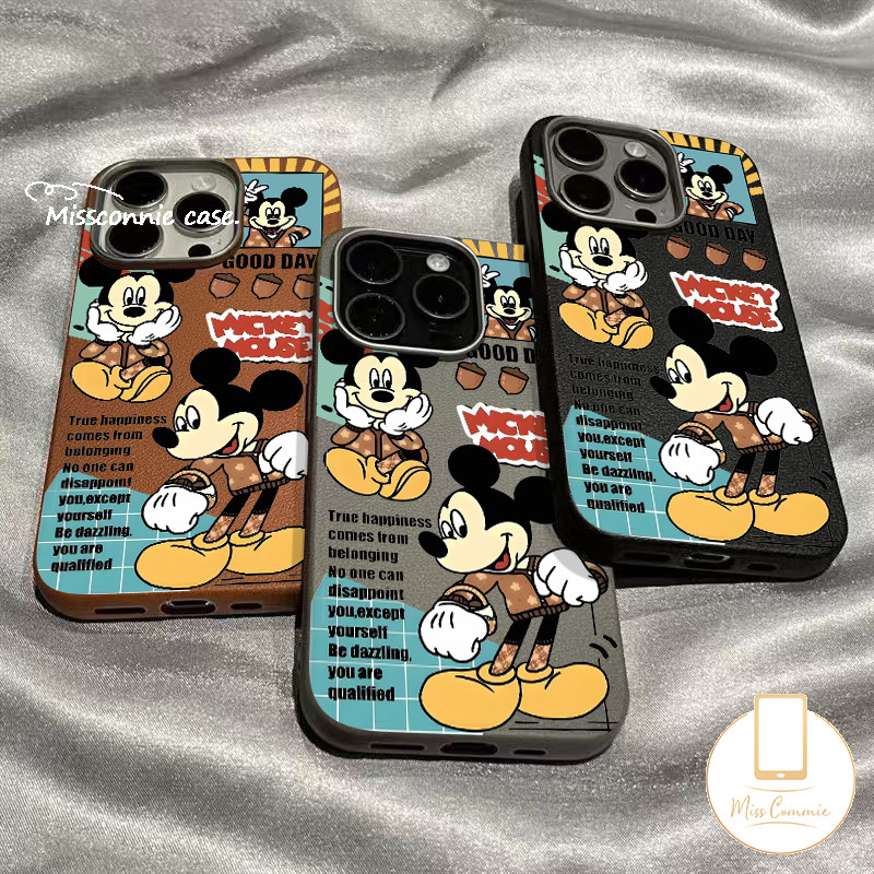 น่ารักการ์ตูน Disney Mickey Mouse ผิวรู้สึกซิลิโคนสําหรับ IPhone 15 13 16 11 14 12 Pro Max XR X XS Max 14 15 16 Plus หรูหรา 2 ใน 1 กรอบโลหะหนังฝาครอบเนื้อ