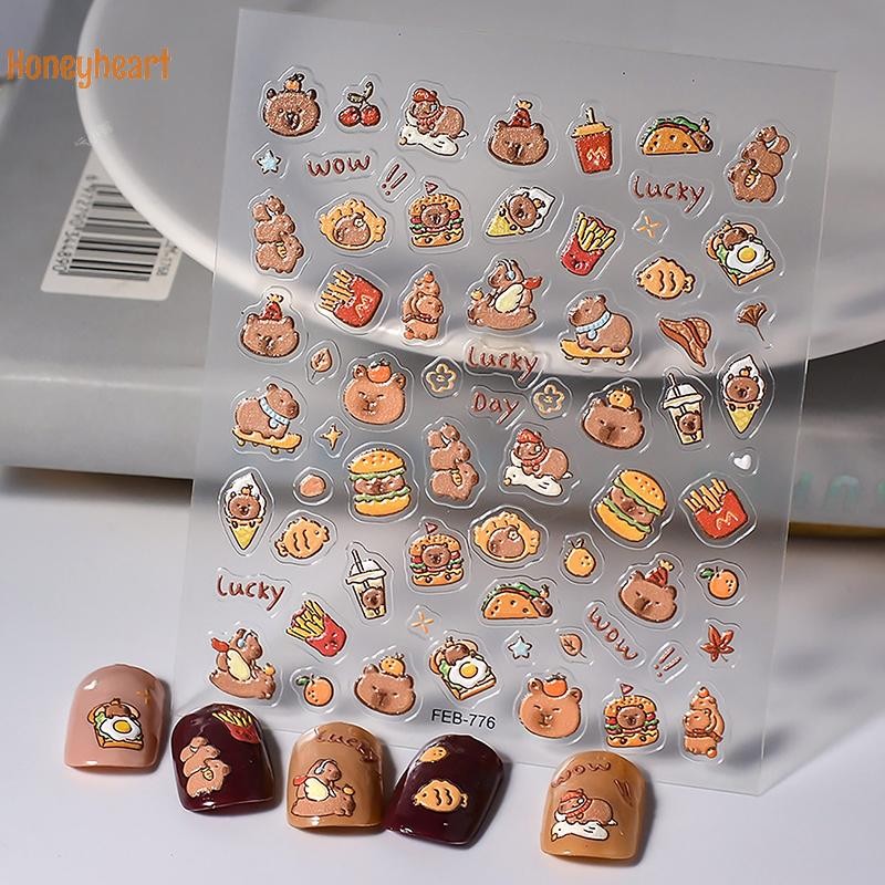 <Honeyheart> การ์ตูนน่ารัก Capybara สติ๊กเกอร์ติดเล็บสีน้ําตาล Capibala Self กาวรูปลอกเล็บสติกเกอร์นุ่มนูนตกแต่งเล็บ Nice