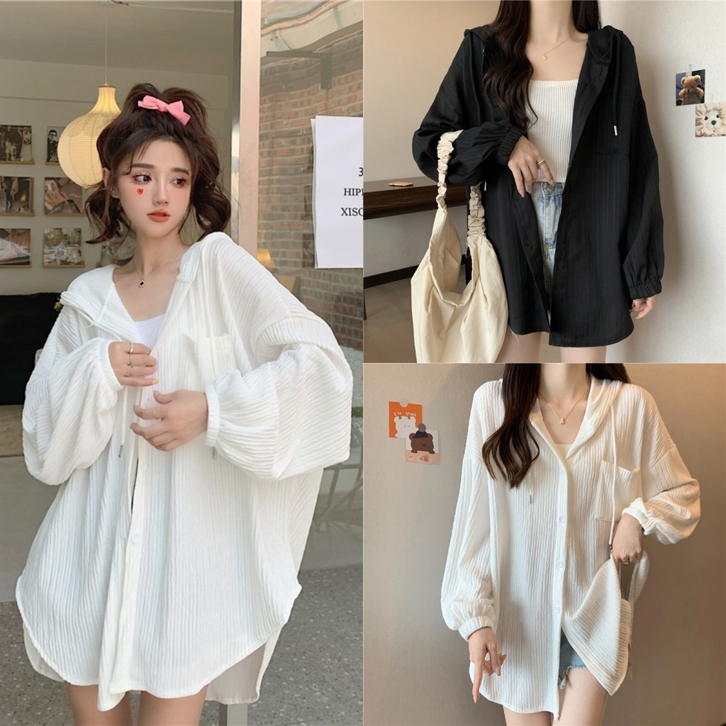 Beryl 🌻 เสื้อแจ็คเก็ตมีฮู้ดสีขาวบางสำหรับผู้หญิง เสื้อแขนยาวลำลองทรงหลวมสำหรับผู้หญิง
