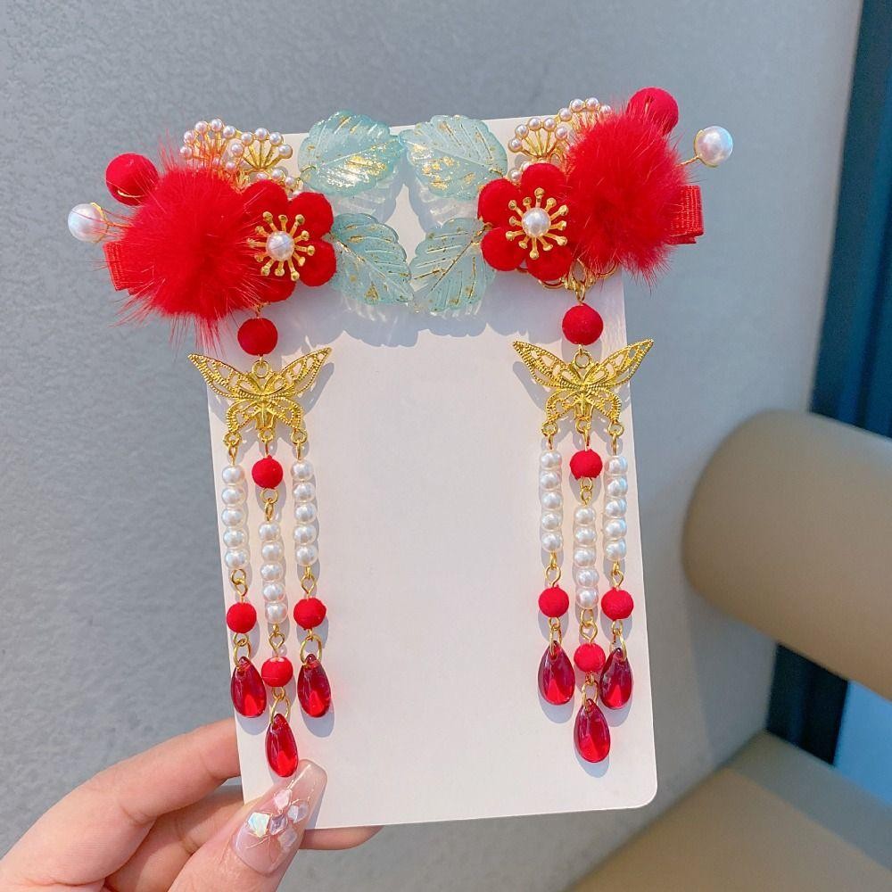 กิ๊บน่ารักสำหรับเด็ก แบบจีน Hanfu Headwear ลายดอกไม้และตัวละครตามประเพณี เพื่อสวมใส่ในเทศกาลปีใหม่ - รูปที่ 4