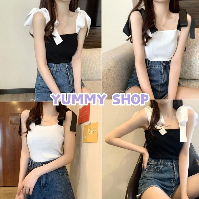 🎀Yummy Shop🎀พร้อมส่ง【98038】เสื้อสายเดี่ยวพรมไหม สายผูกเป็นโบว์น่ารัก เสื้อครอป เสื้อแขนกุด