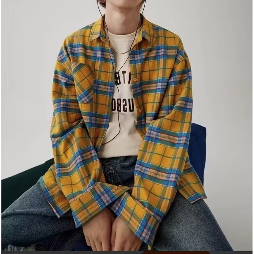 ฤดูใบไม้ผลิฤดูใบไม้ร่วงถนนสวมคู่อเมริกันย้อนยุคสีคมชัด โดปามีน เสื้อเชิ้ตแขนยาวลายสก๊อต
