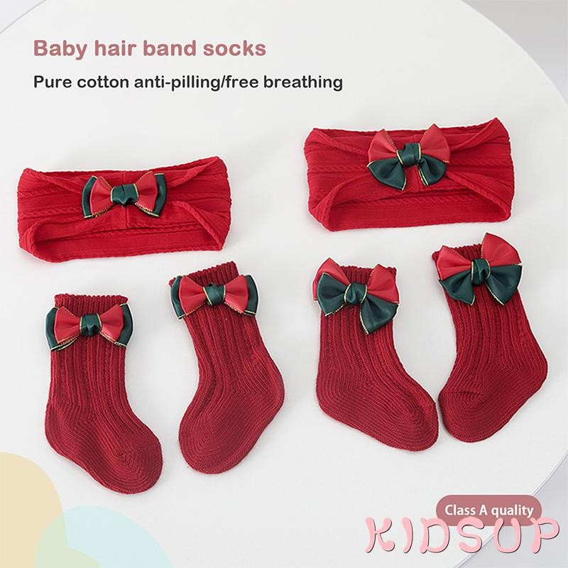 Kidsup1-คริสต์มาสเด็กวัยหัดเดินเด็กผู้หญิงถุงเท้า 3D Bow Ribbed Warm Non-Slip Floor รองเท้าแตะถุงเท้าแถบคาดศีรษะ