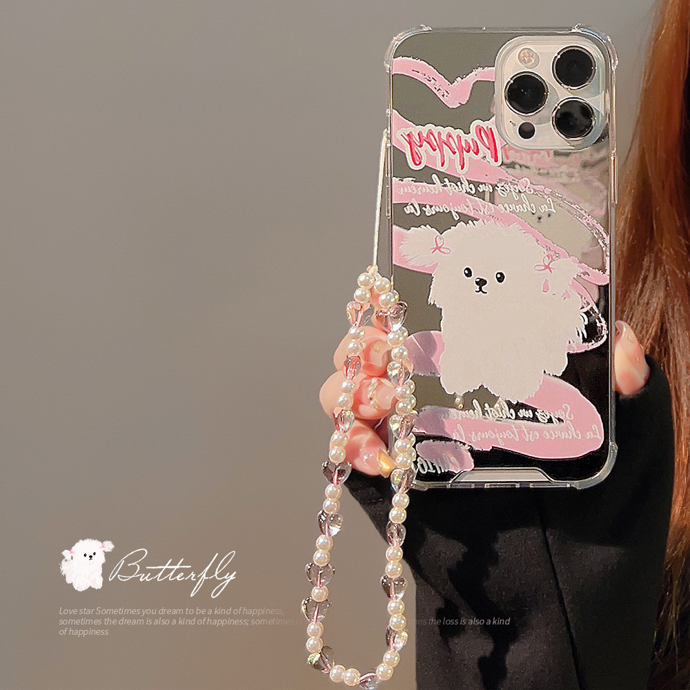 เคสโทรศัพท์ Apple สุนัขสีชมพู iphone11 12 13 14 15promax 7 8plus xr xs พร้อมเชือกเส้นเล็ก