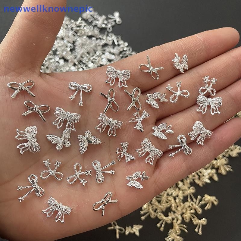 Newwellknownepic Gold Silver Flowers อุปกรณ์ทําเล็บ Rhinestones Nail Art เครื่องประดับโบว์ตกแต่งเล็บ 3D เล็บเจาะ TH
