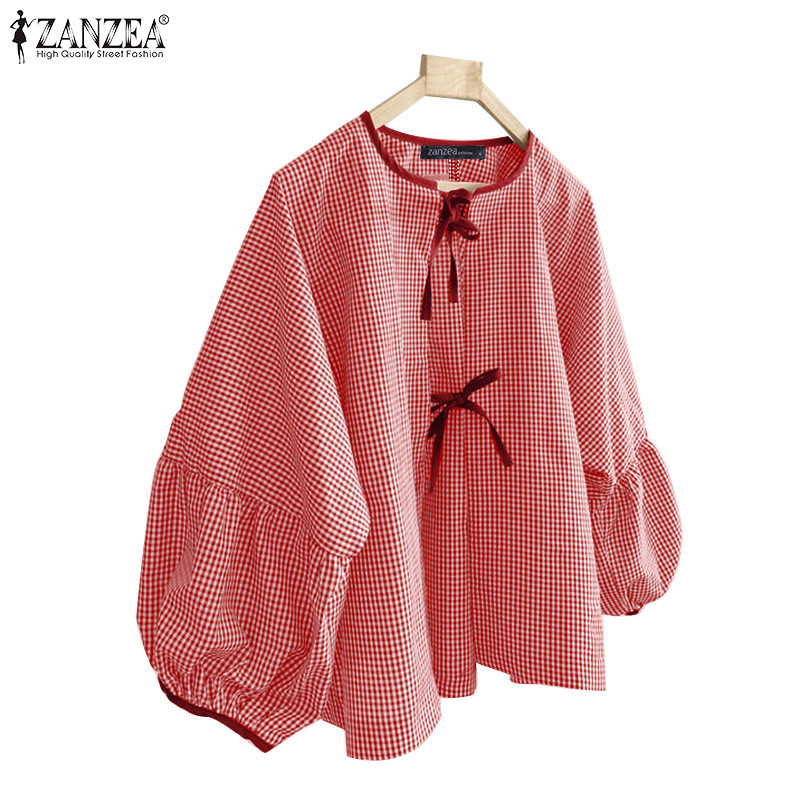 Zanzea ผู้หญิงวินเทจลายสก๊อต Patchwork สายรัดสีบล็อกจีบหลวมโคมไฟแขนเสื้อ