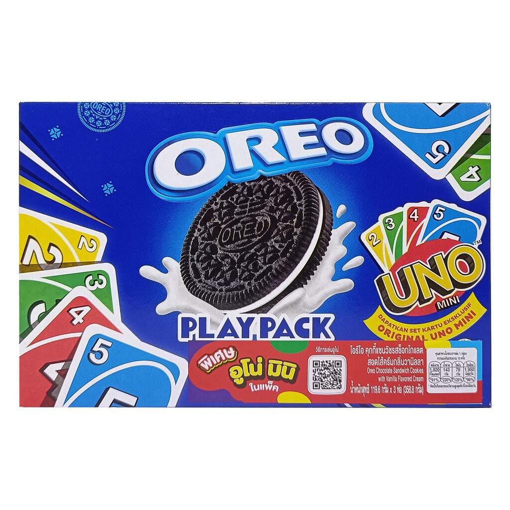 Snack Oreo Cookie UNO Mini Play Pack ขนมโอรีโอแถมการ์ดอูโน่มินิ คุกกี้แซนวิชสอดไส้ครีมวานิลลา ขนาด 119.6 กรัม มี 3 ห่...
