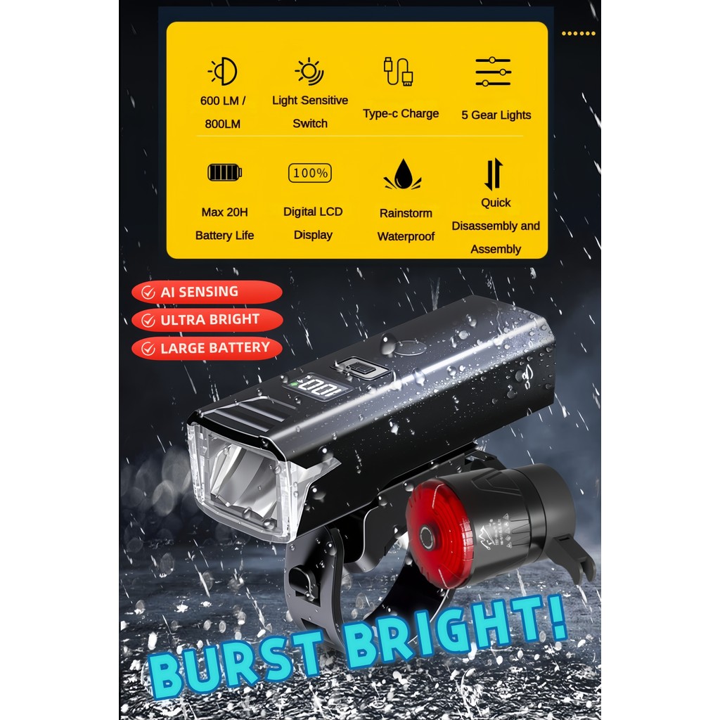 [SUNNY VIBE] ไฟจักรยาน เซนเซอร์ แสง 600/800LM กันน้ำ 20ชม. Type-C ไฟท้าย ฉลาด