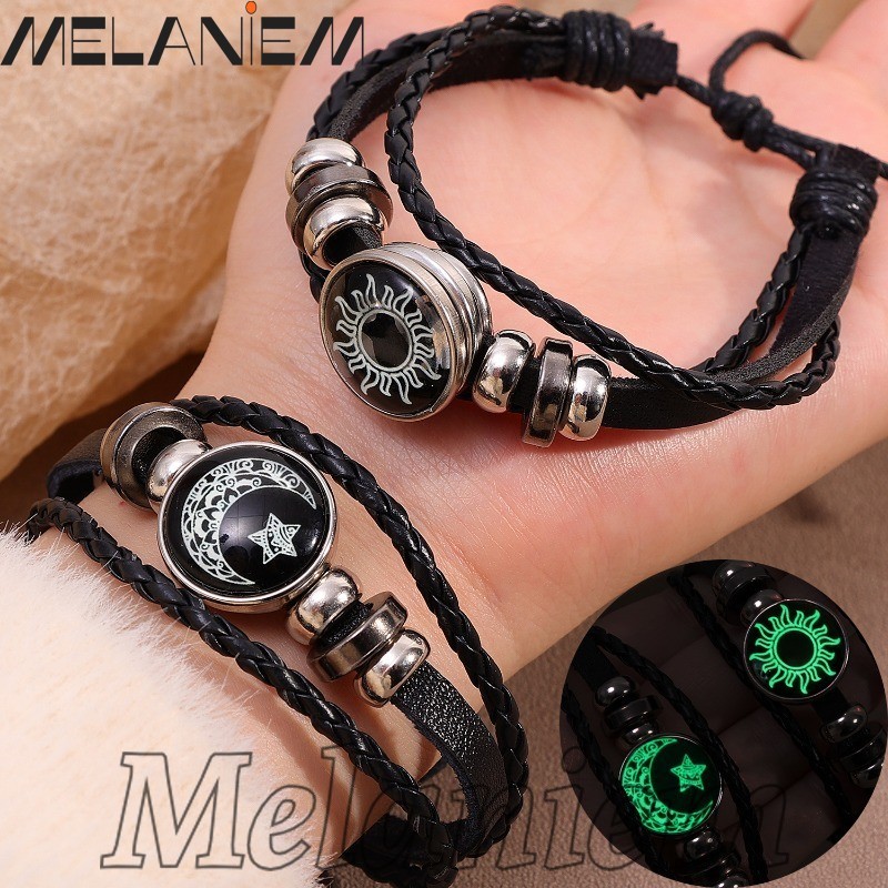 สร้อยข้อมือคู่ดวงอาทิตย์ดวงจันทร์เรืองแสง-ของขวัญวันวาเลนไทน์-อุปกรณ์เสริมเครื่องประดับคนรัก-ปรับได้,หลายชั้น,หนัง ปู่ -แฟชั่น,วินเทจ-โซ่มือถักสีดํา