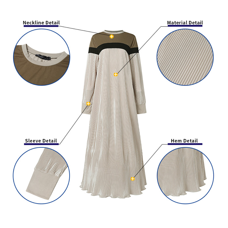 Zanzea ผู้หญิงมุสลิมแขนยาว Contrast สี Pleating Slit กระเป๋าชุดแฟชั่น